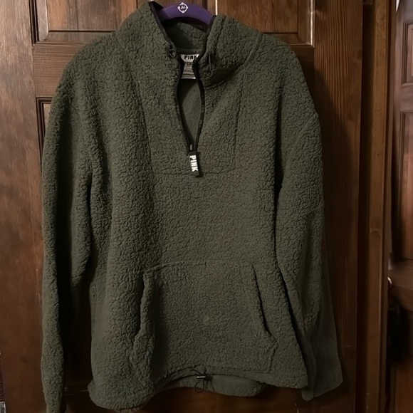 Victoria’s Secret PINK Quarter Zip Olive Green Sherpa Pullover Sweater - Picture 3 of 14